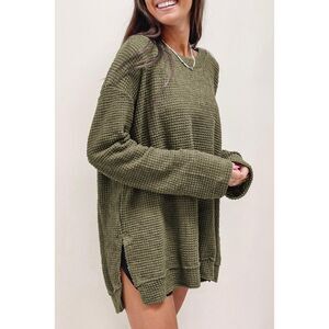Azura Exchange  Oversized Green Waffle Knit High Slits Top